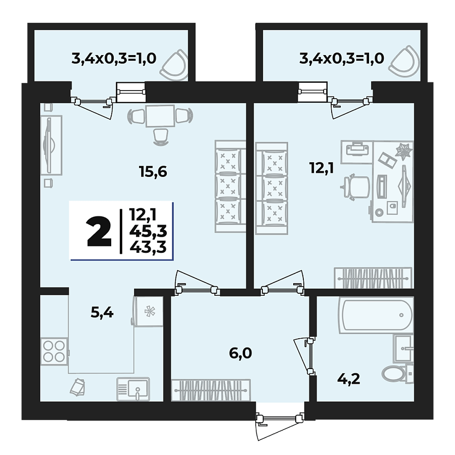 Планировка 2-комнатная, 45.3 м²