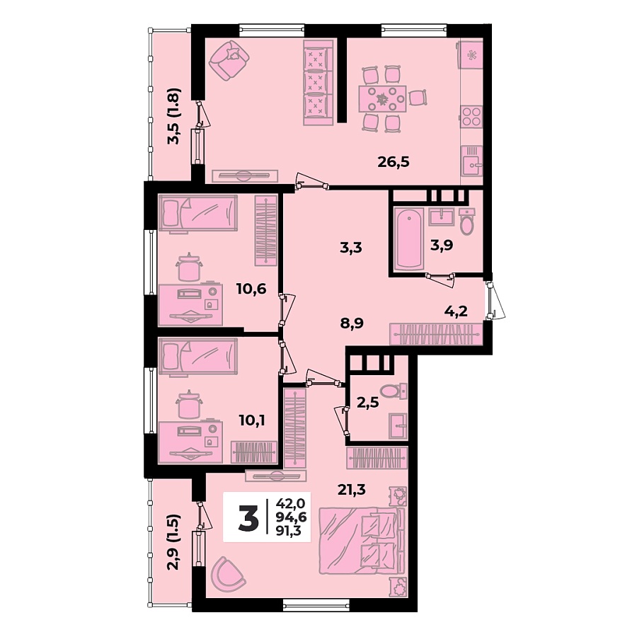 Планировка 3-комнатная, 95.2 м²