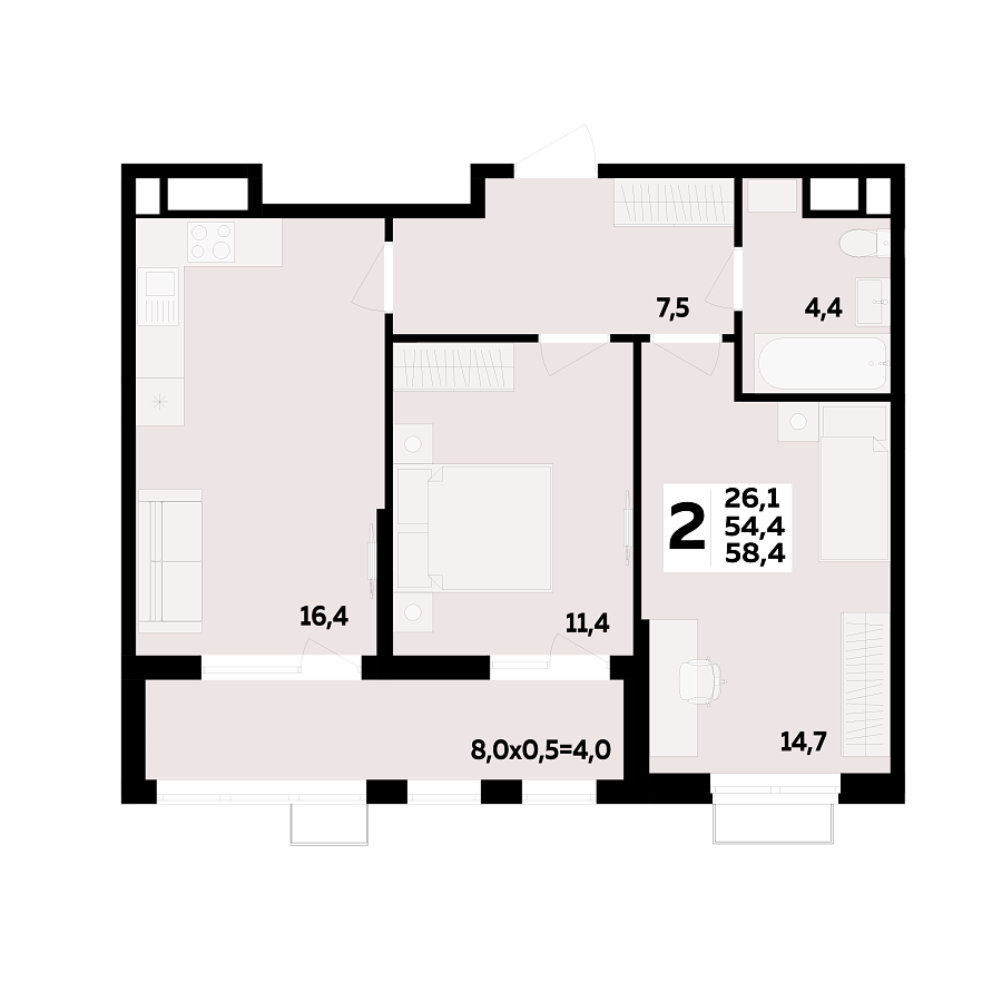 Планировка 2-комнатная, 58.4 м²