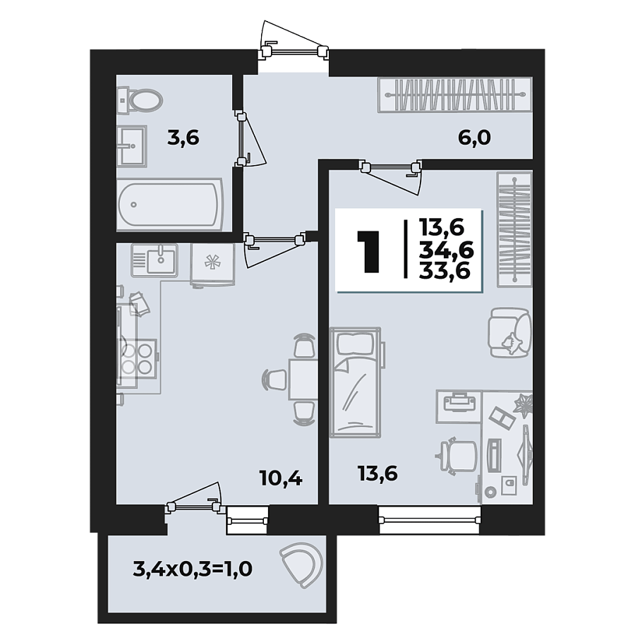 Планировка 1-комнатная, 34.6 м²