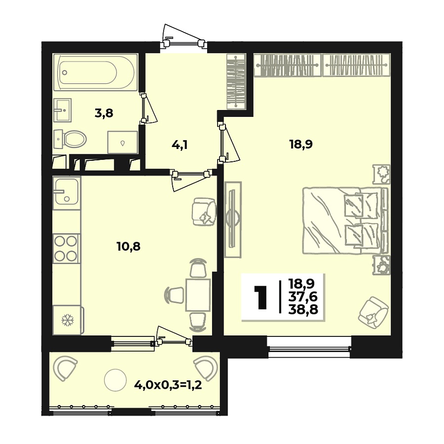 Планировка 1-комнатная, 38.8 м²