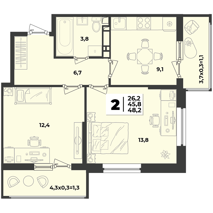 Планировка 2-комнатная, 48.2 м²