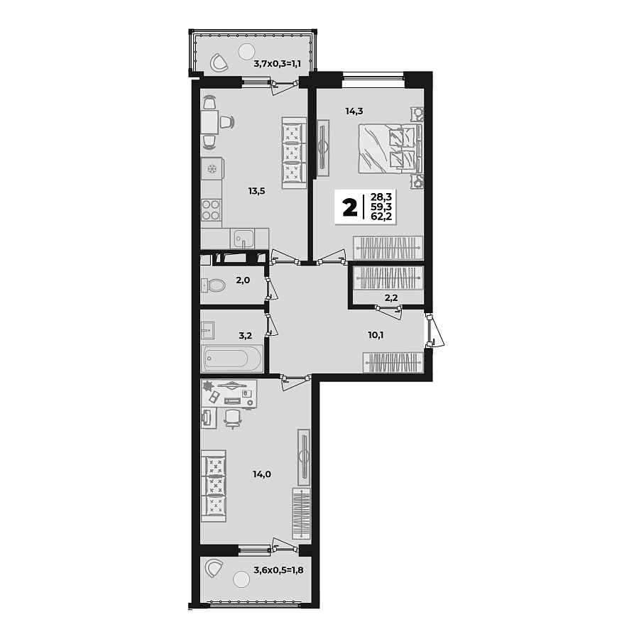 Планировка 2-комнатная, 62.2 м²