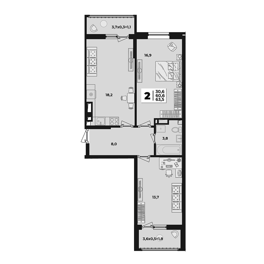 Планировка 2-комнатная, 63.5 м²