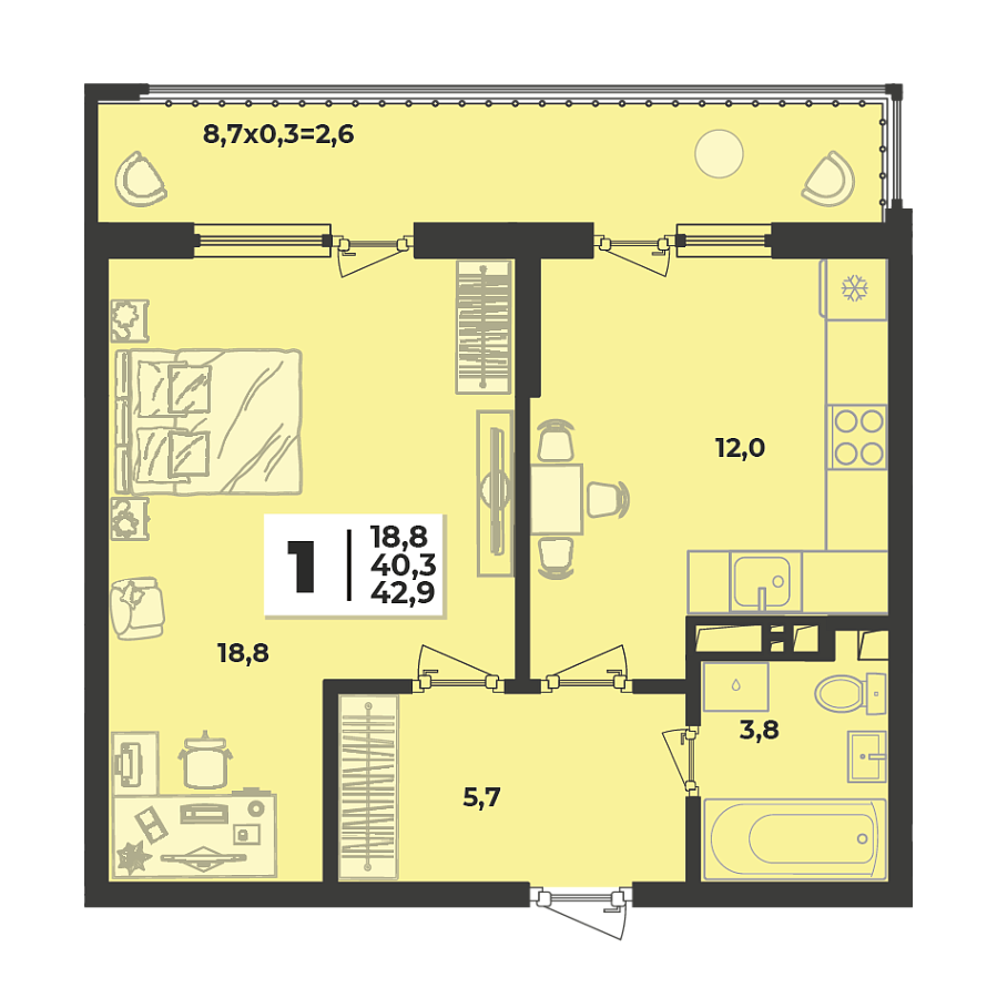 Планировка 1-комнатная, 42.9 м²