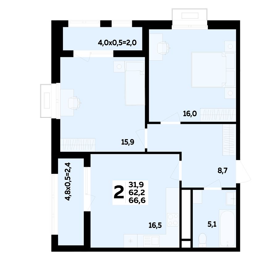 Планировка 2-комнатная, 66.6 м²