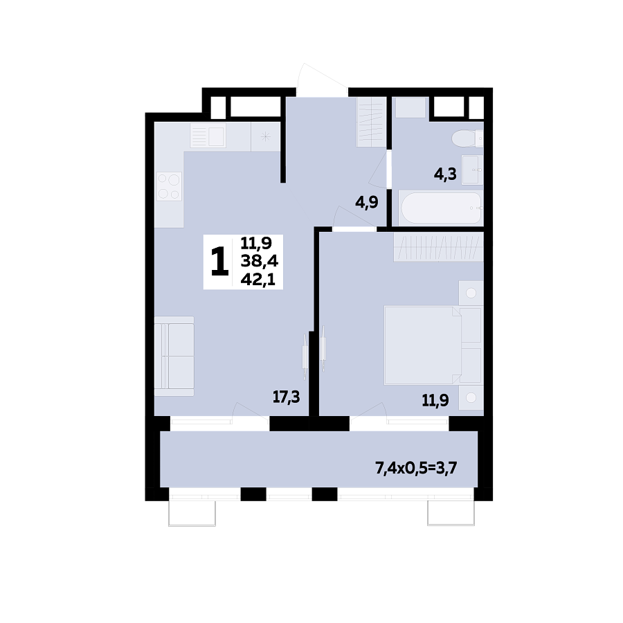 Планировка 1-комнатная, 42.1 м²