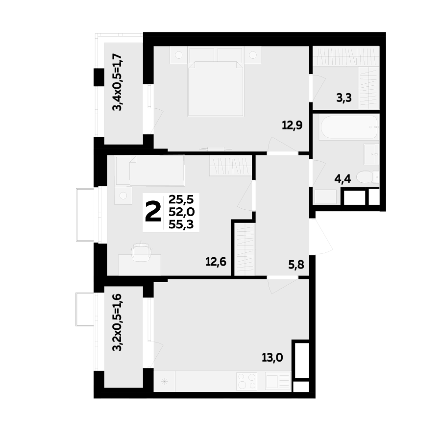 Планировка 2-комнатная, 55.3 м²