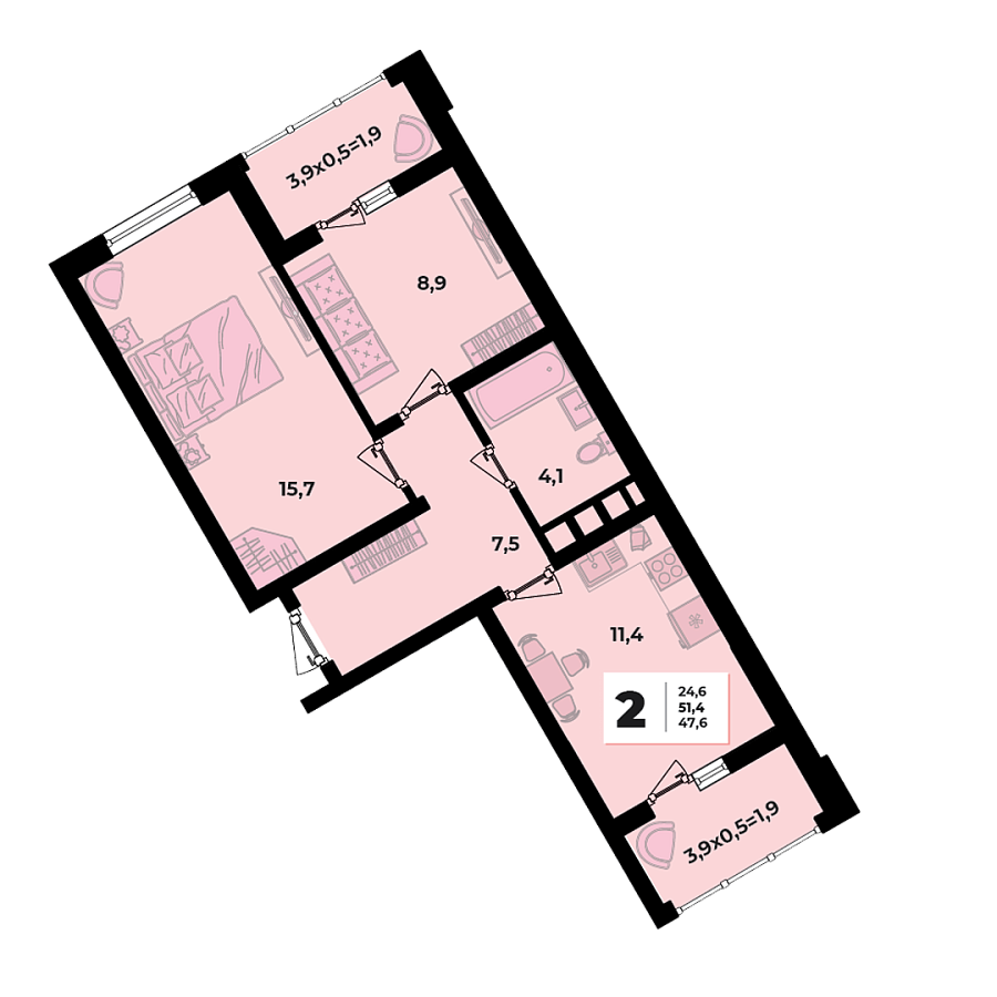 Планировка 2-комнатная, 51.4 м²
