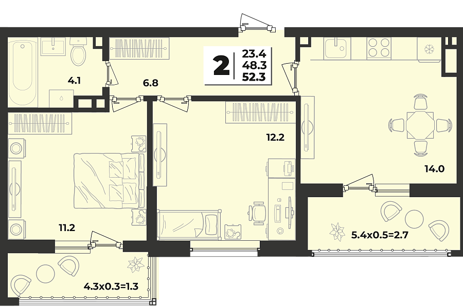 Планировка 2-комнатная, 52.3 м²