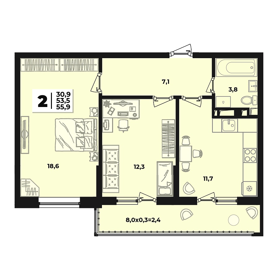 Планировка 2-комнатная, 55.7 м²