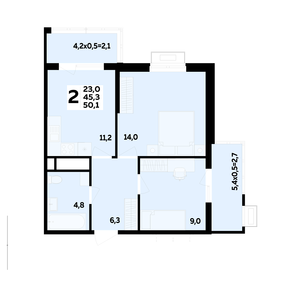 Планировка 2-комнатная, 50.1 м²