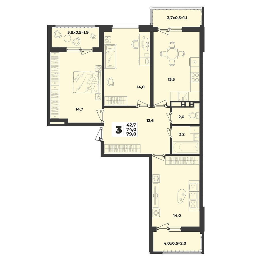 Планировка 3-комнатная, 79 м²