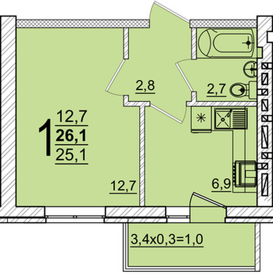 Планировка 1-комнатная, 26.1 м²