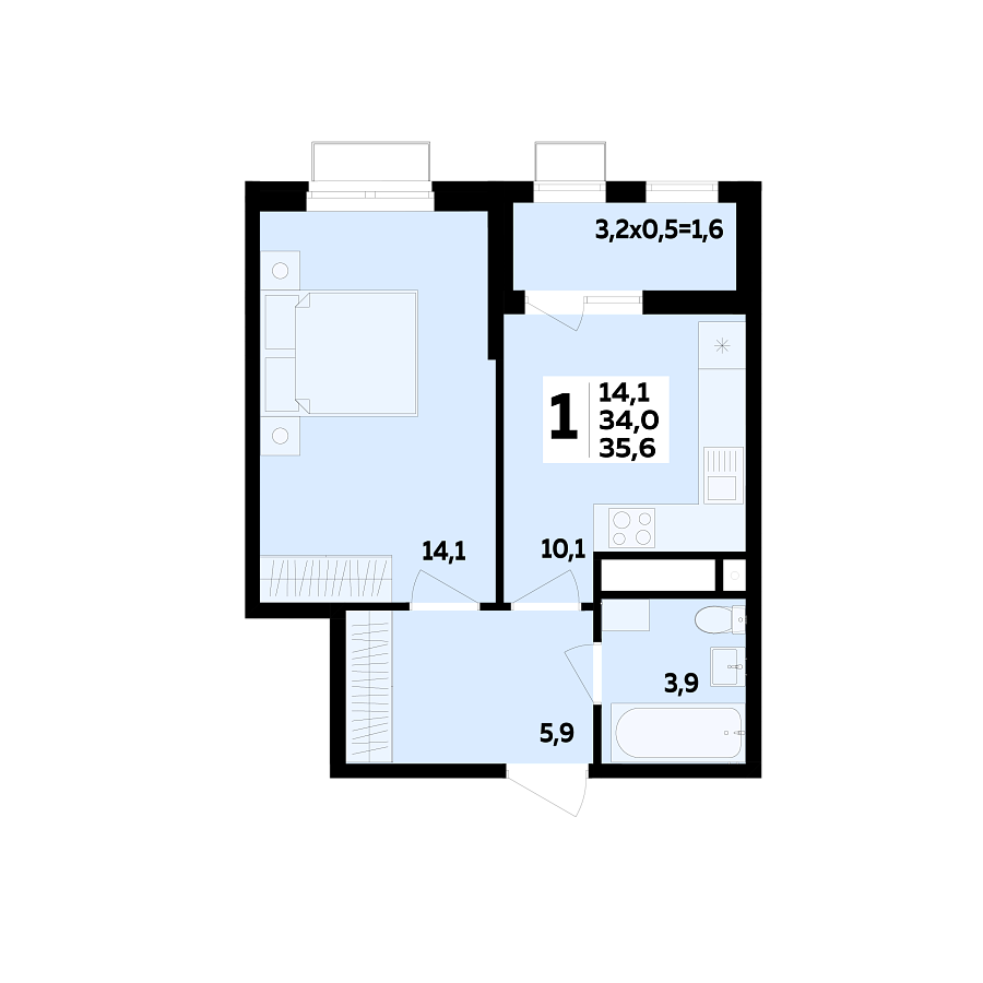 Планировка 1-комнатная, 35.6 м²
