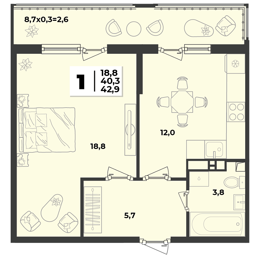 Планировка 1-комнатная, 42.9 м²