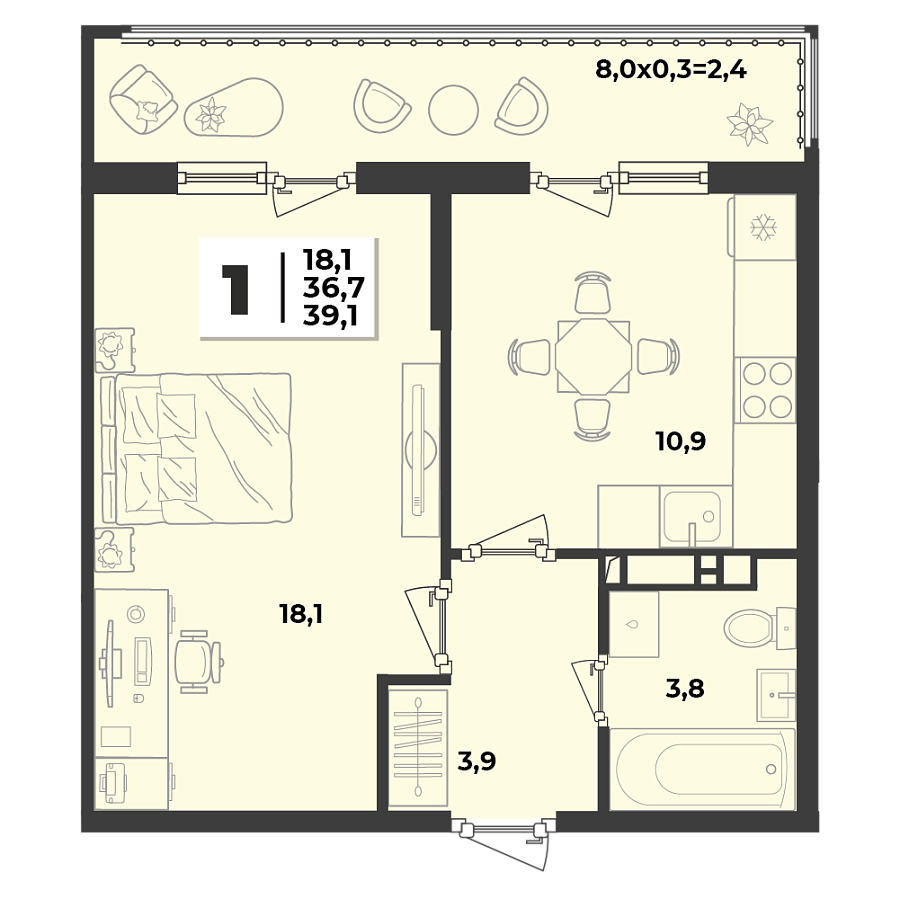 Планировка 1-комнатная, 39.1 м²