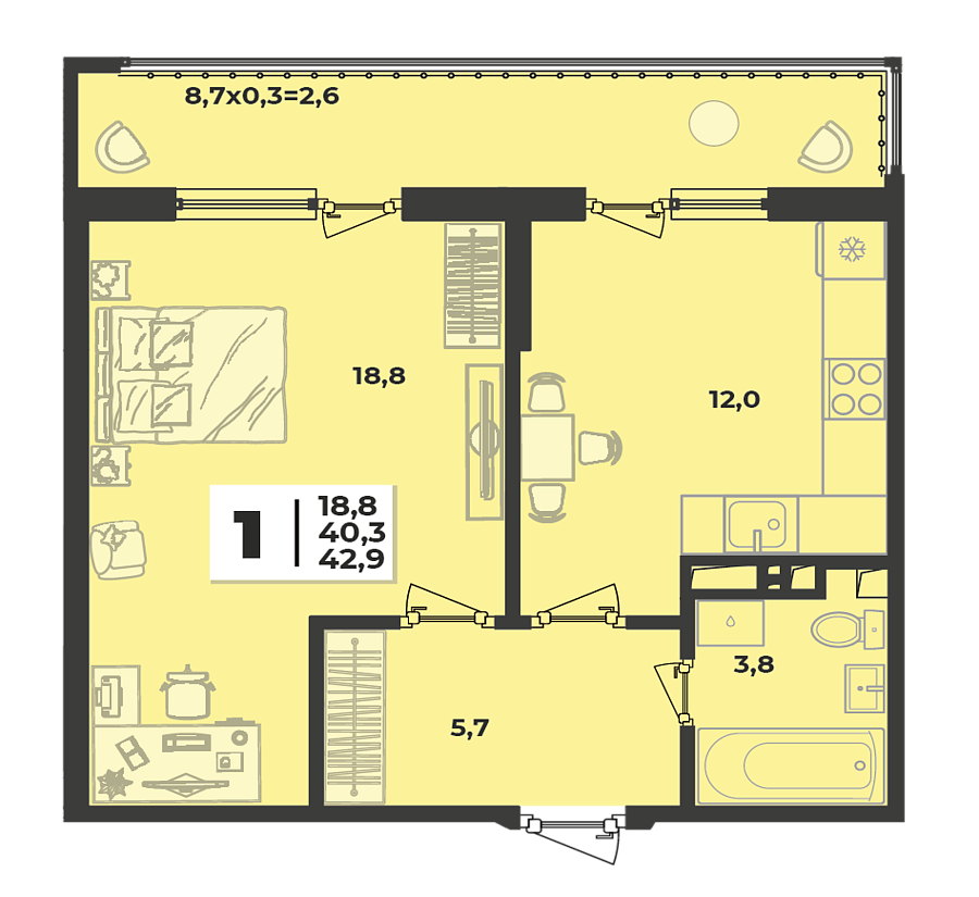 Планировка 1-комнатная, 42.9 м²