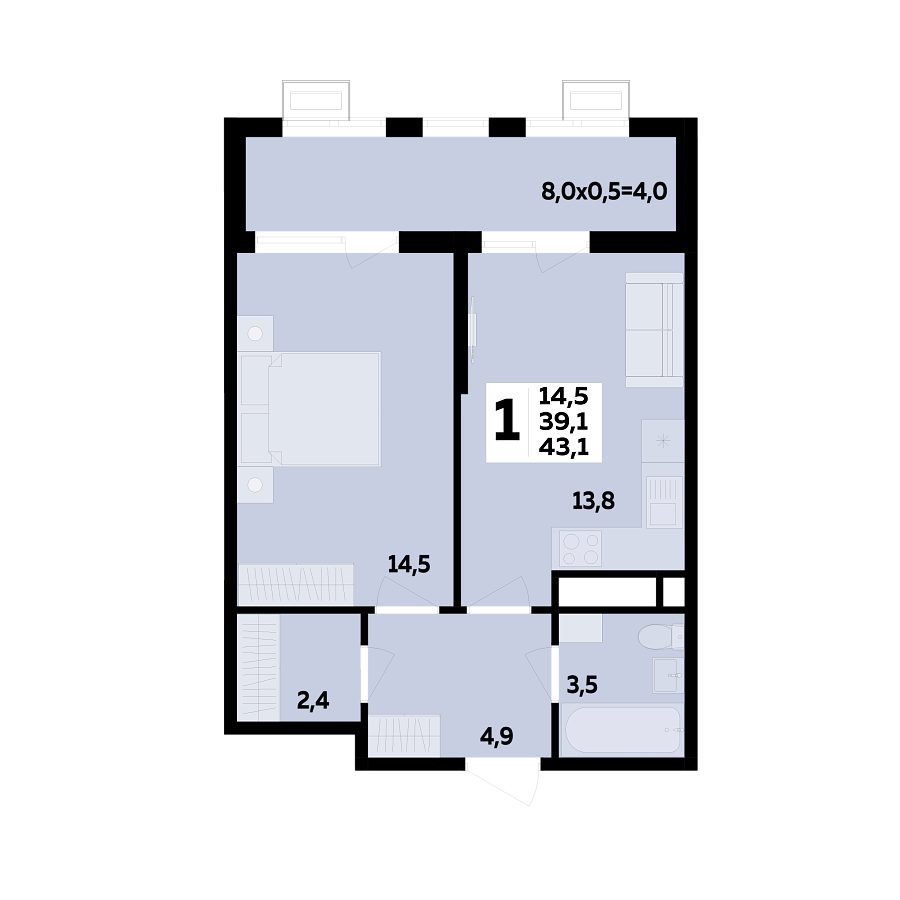 Планировка 1-комнатная, 43.1 м²