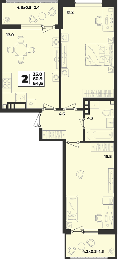 Планировка 2-комнатная, 64.6 м²