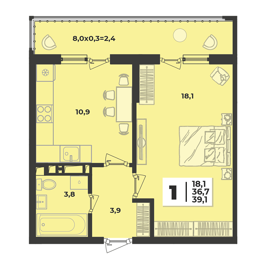 Планировка 1-комнатная, 39.1 м²