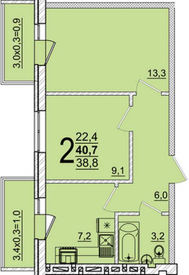 Планировка 2-комнатная, 40.7 м²