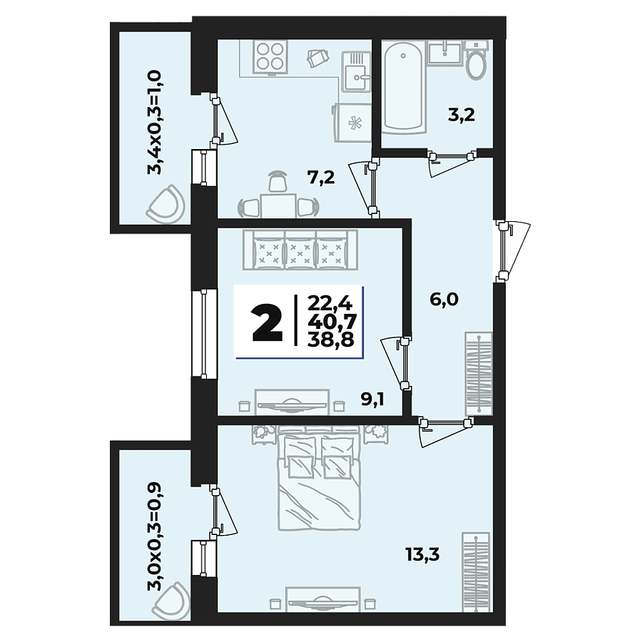 Планировка 2-комнатная, 40.7 м²