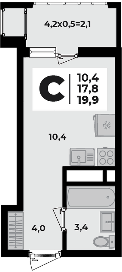 Планировка Студия, 19.9 м²