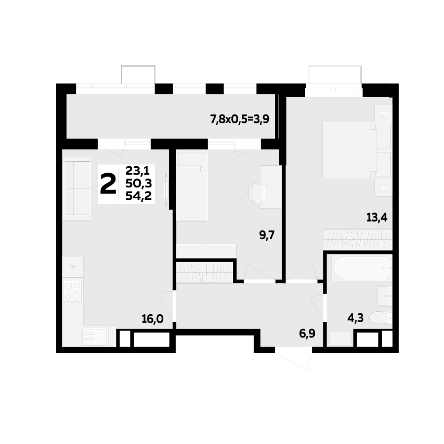 Планировка 2-комнатная, 54.2 м²