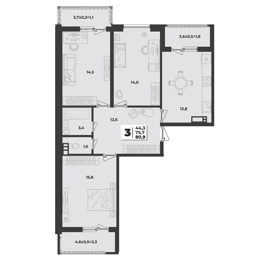 Планировка 3-комнатная, 80.9 м²