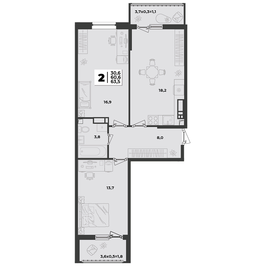 Планировка 2-комнатная, 53.6 м² Планировка 2-комнатная, 53.6 м²