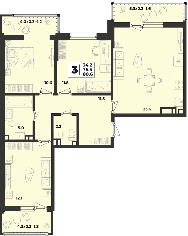 Планировка 3-комнатная, 80.6 м²
