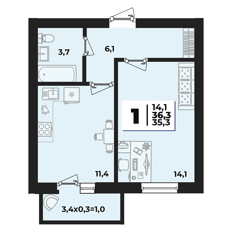 Планировка 1-комнатная, 36.3 м²