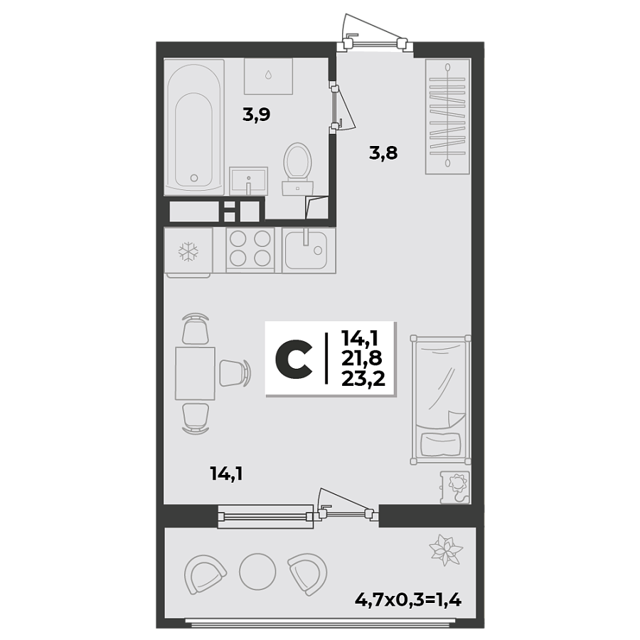 Планировка Студия, 23.2 м²