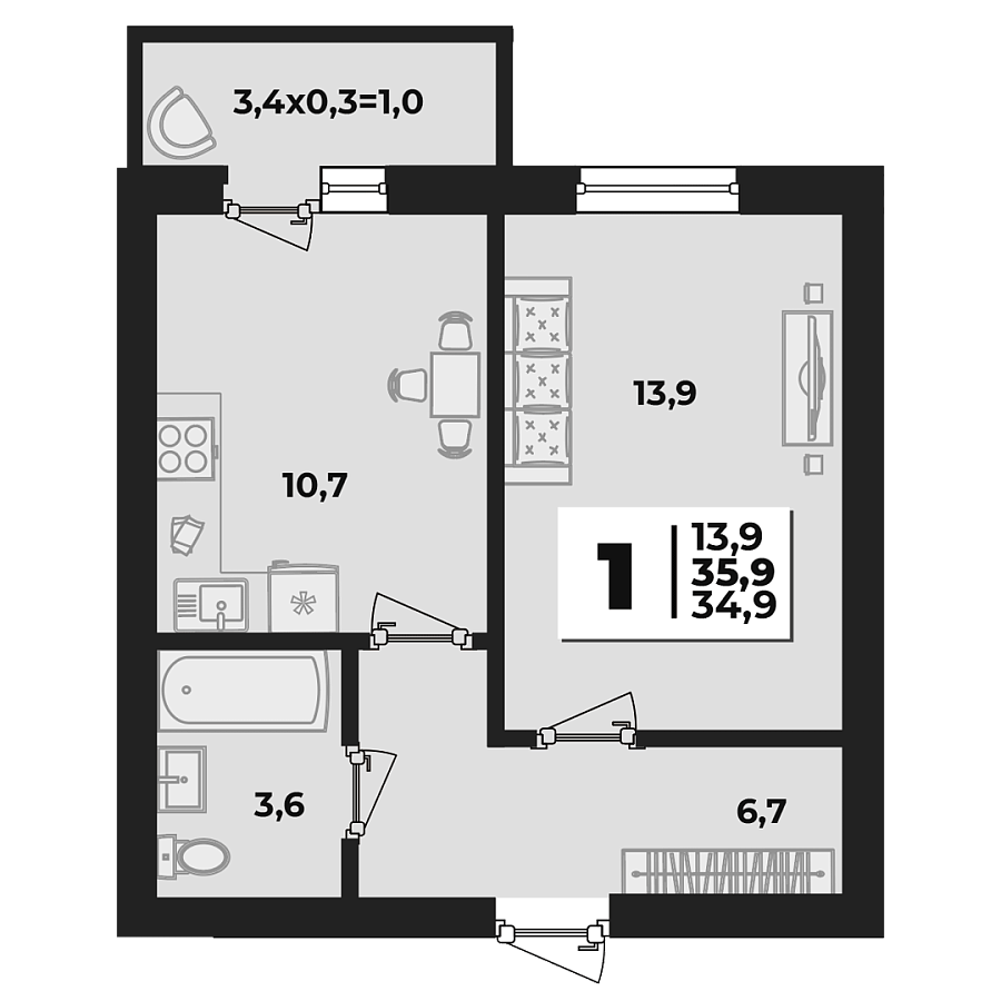 Планировка 1-комнатная, 35.9 м²