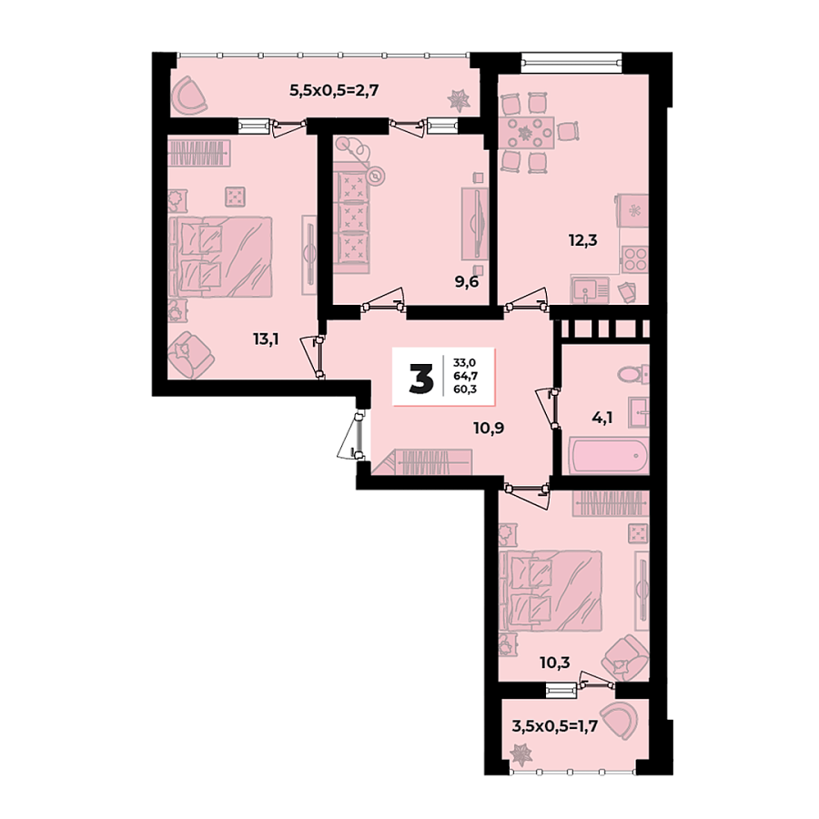 Планировка 3-комнатная, 64.7 м²