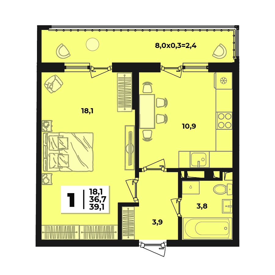 Планировка 1-комнатная, 39.1 м²