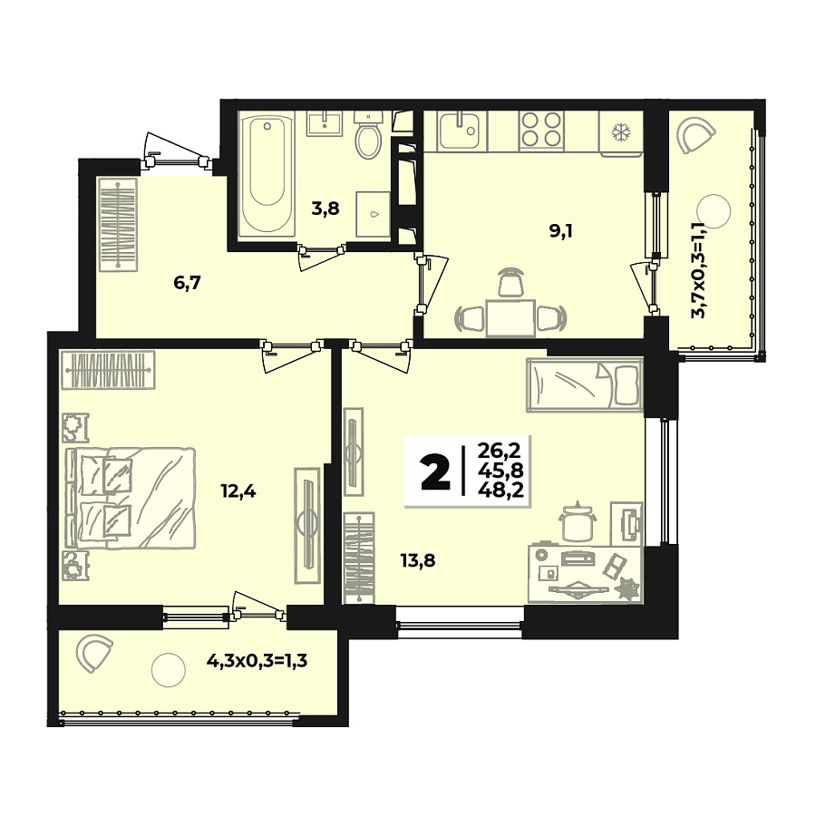 Планировка 2-комнатная, 48.2 м²