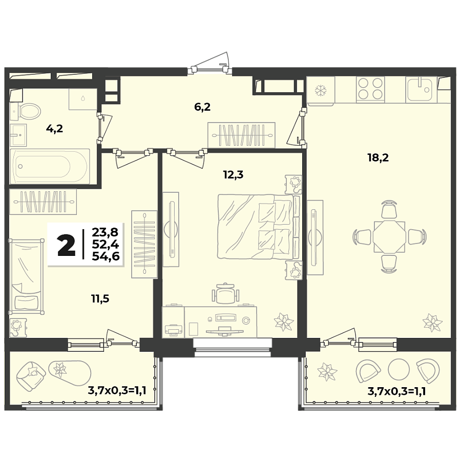 Планировка 2-комнатная, 54.6 м²