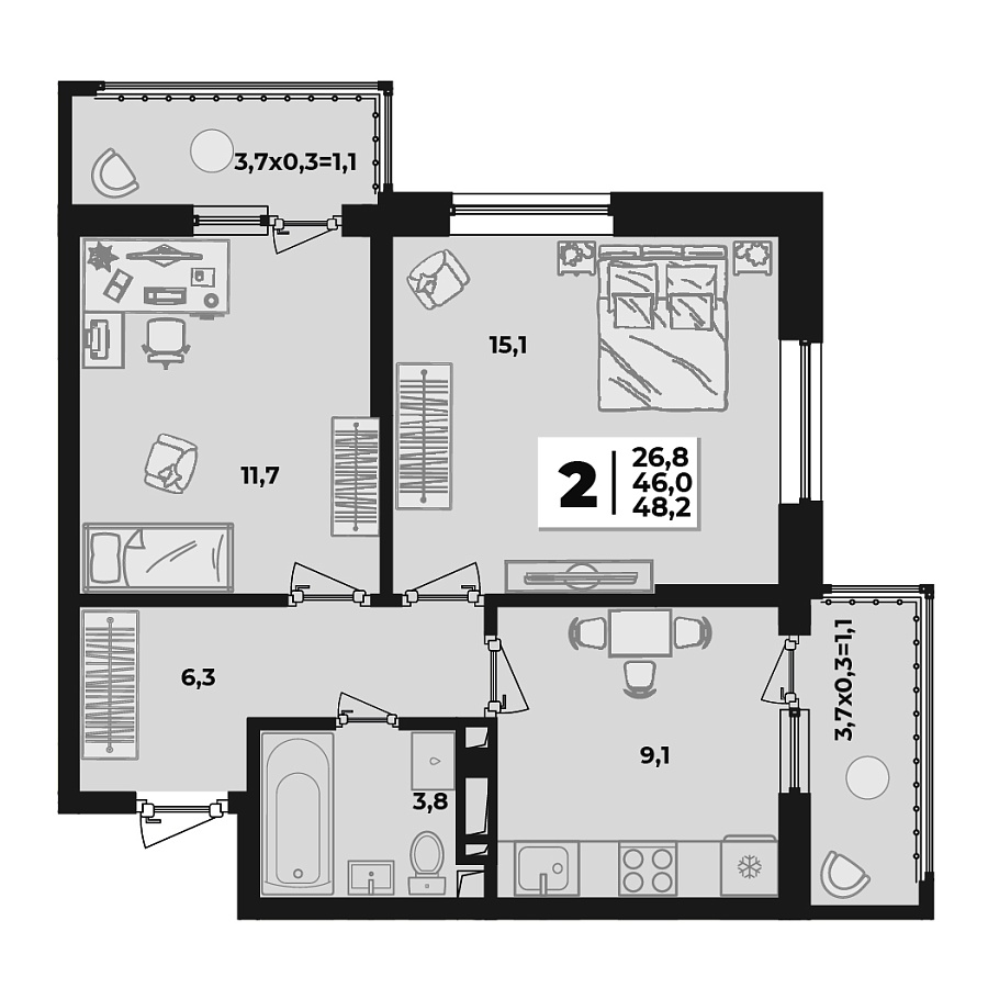 Планировка 2-комнатная, 48.2 м²