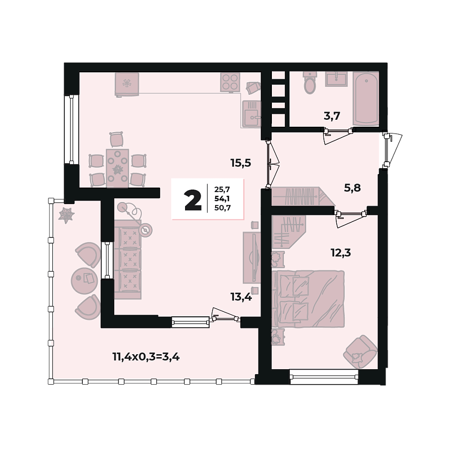 Планировка 2-комнатная, 54.1 м²