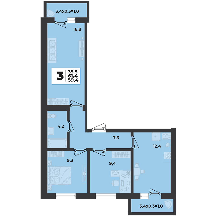 Планировка 3-комнатная, 61.4 м²