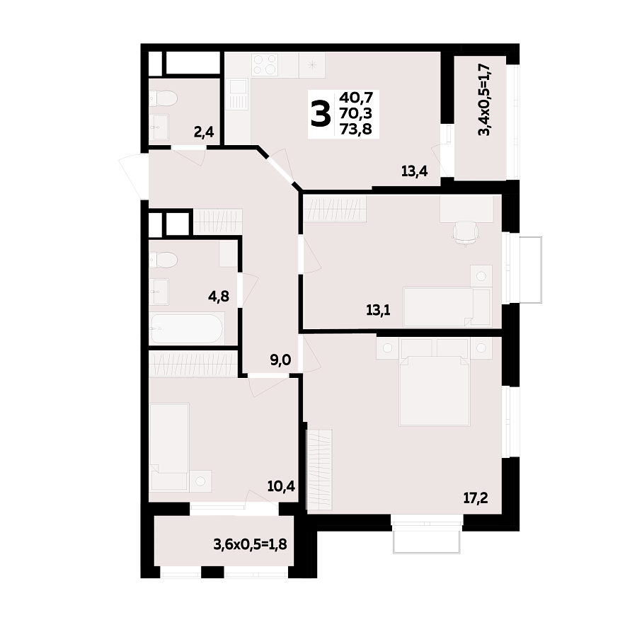 Планировка 3-комнатная, 73.8 м²