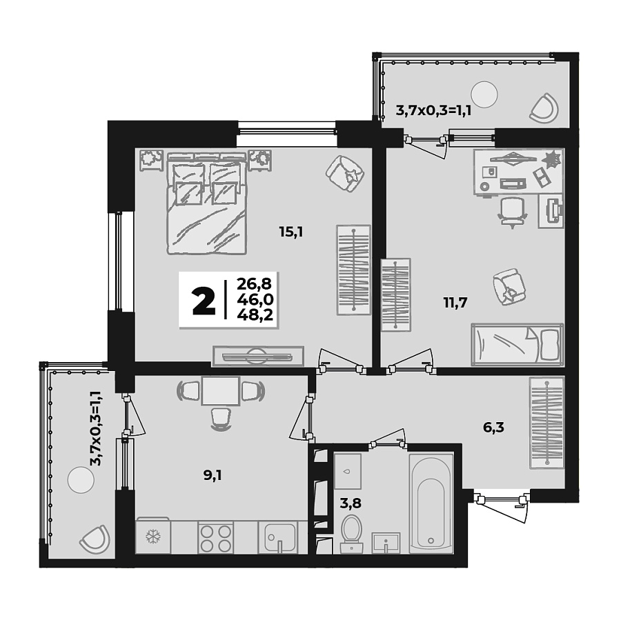 Планировка 2-комнатная, 48.2 м²