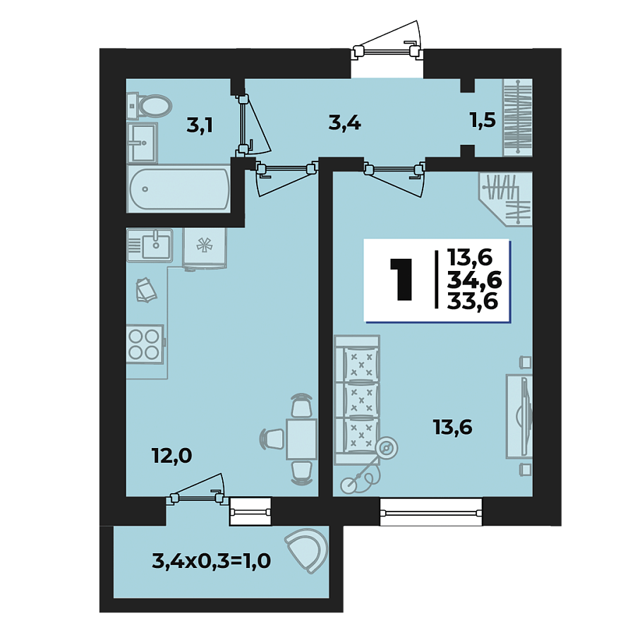 Планировка 1-комнатная, 34.6 м²