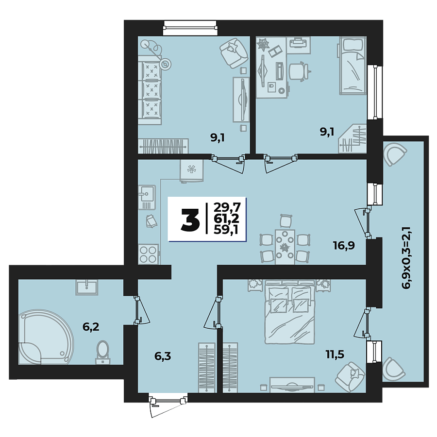 Планировка 3-комнатная, 61.2 м²