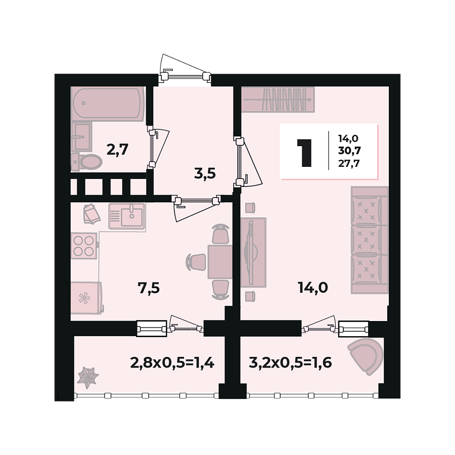 Планировка 1-комнатная, 30.7 м²