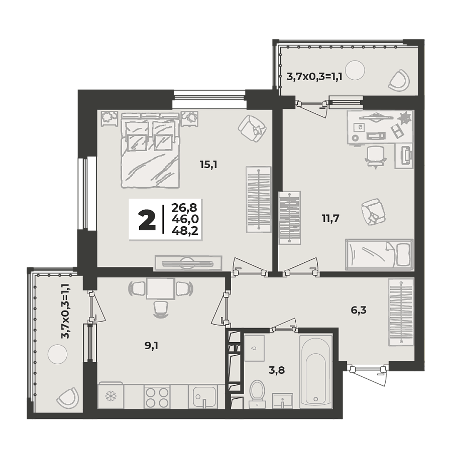 Планировка 2-комнатная, 48.2 м²