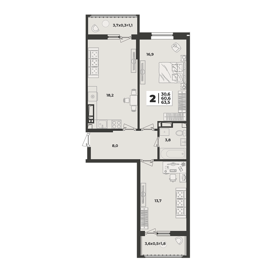 Планировка 2-комнатная, 63.7 м²