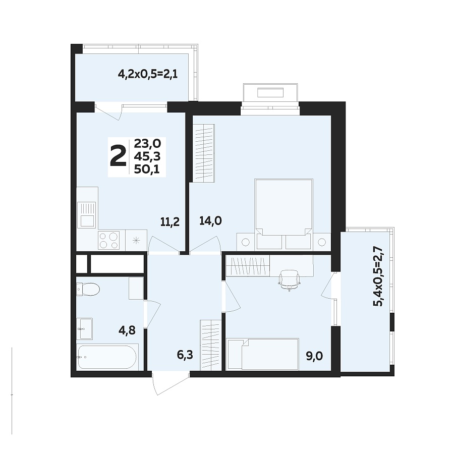 Планировка 2-комнатная, 50.1 м²